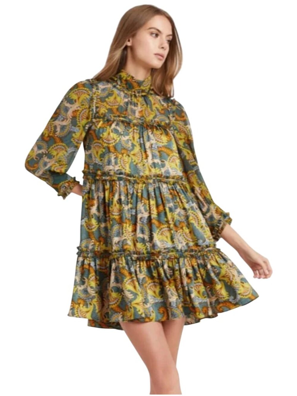 Cinq a Sept Brady Mini Dress size 4 long sleeve high neck Eucalyptus multi